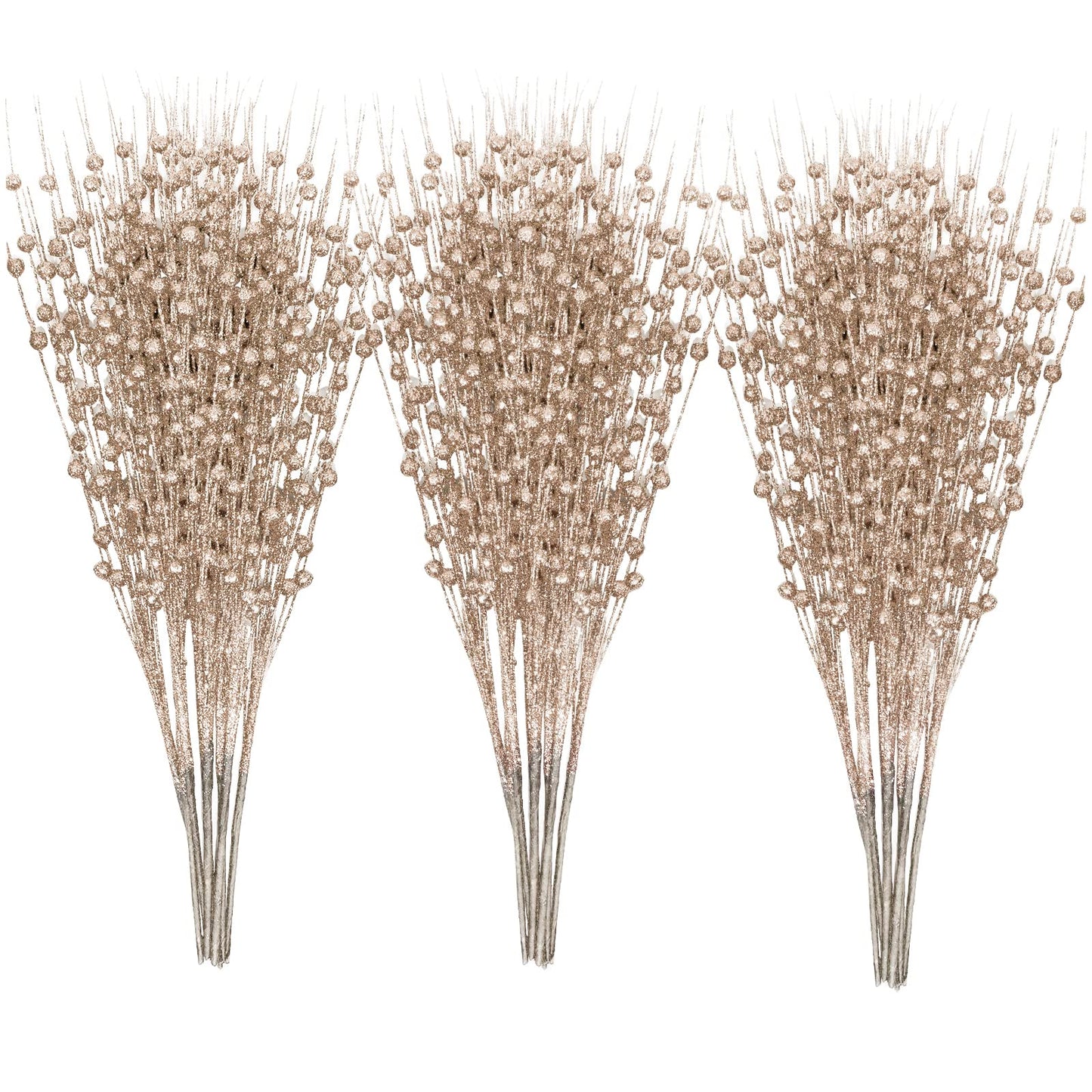 5th LILY 24 PCS Artificial Glitter Holly Berry Stem Ornaments Berry Picks Branches Glittery Bead Sticks for Christmas Tree Decorations Wreath Vase and Home Decor,Champagne