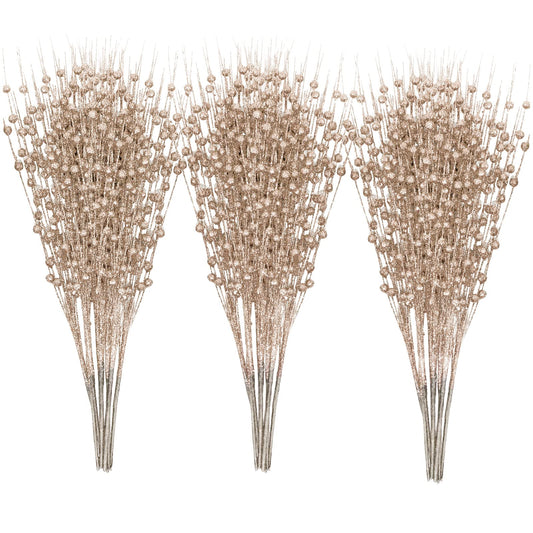 5th LILY 24 PCS Artificial Glitter Holly Berry Stem Ornaments Berry Picks Branches Glittery Bead Sticks for Christmas Tree Decorations Wreath Vase and Home Decor,Champagne
