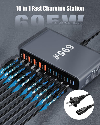 695W USB C Charger Block,10-Port USB C Charging Station GaN IV Travel Essentials Multiple Port Charging Station,140W Laptop Fast Charger Adapter for MacBook Pro/Air,DELL,iPad,iPhone,Samsung Galaxy