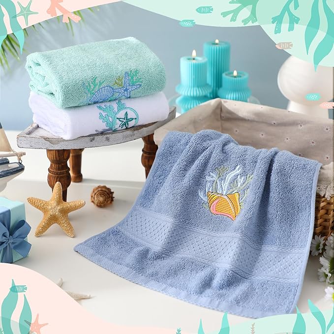 3 Pack Coastal Hand Towels for Bathroom 100% Cotton Embroidered Beach Bathroom