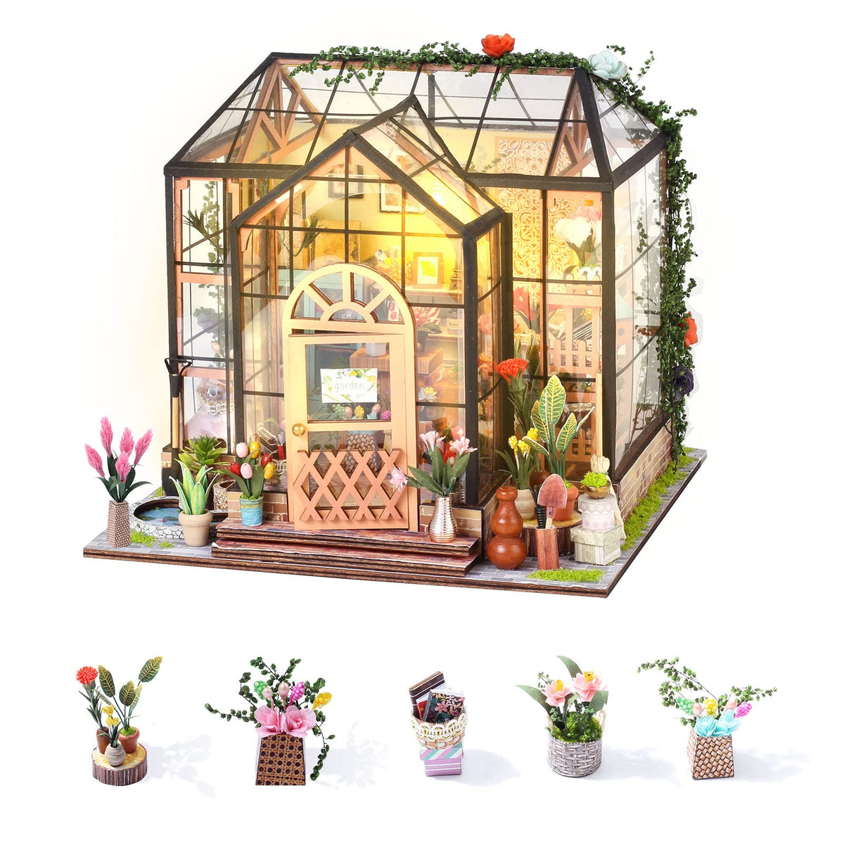 Insgen Greenhouse Booknook Kit, DIY Miniature Flower Dollhouse Building Set
