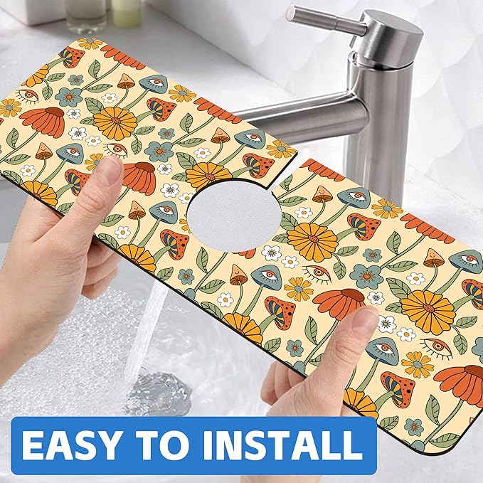 Abstract 70s Mushroom Floral Sink Faucet Absorbing Mat Sink Splash Guard Faucet
