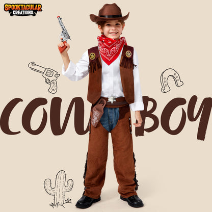 Spooktacular Creations Halloween Cowboy Hat Costume for Boys, Kids Brown Western Costume, Deluxe Boys Cowboy Outfit Set for Toddler Halloween RolePlay Themed Party (3T, 3-4 yrs)
