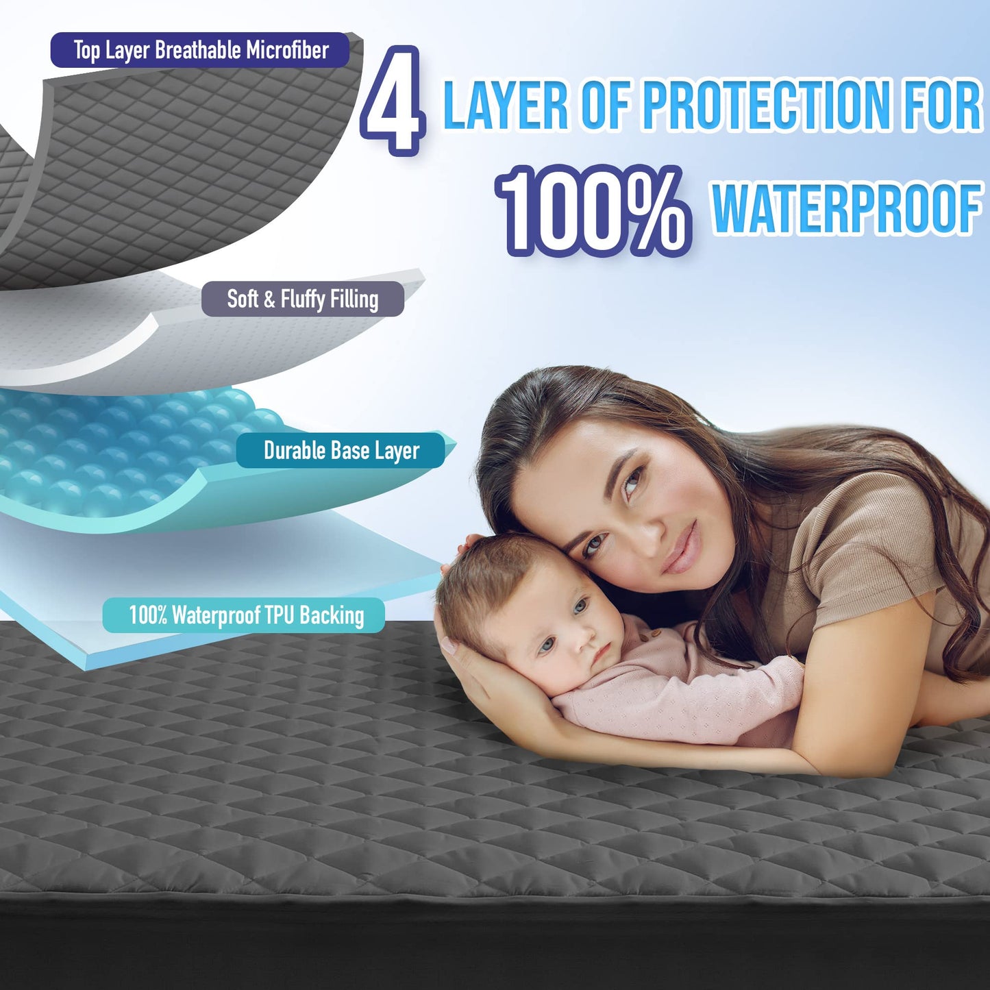 HYLEORY King Size Waterproof Mattress Pad Protector, Breathable Quilted Mattress Cover Noiseless Waterproof Fitted Sheet Mattress Topper Upto 21" Deep Pocket, Dark Grey