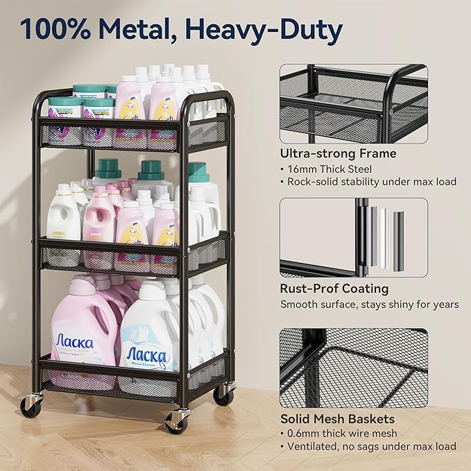 YASONIC 3 Tier Rolling Cart – Metal Utility Storage Carts