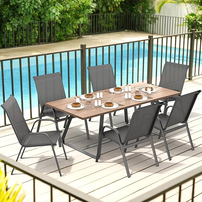 Patio Chairs Set of 6, All Weather Breathable Stackable Outdoor Dining Chairs with High Back and Wide Seat, Easily Set Up Outdoor Chairs Set of 6 with Metal Frame for Backyard Garden Pool, Grey