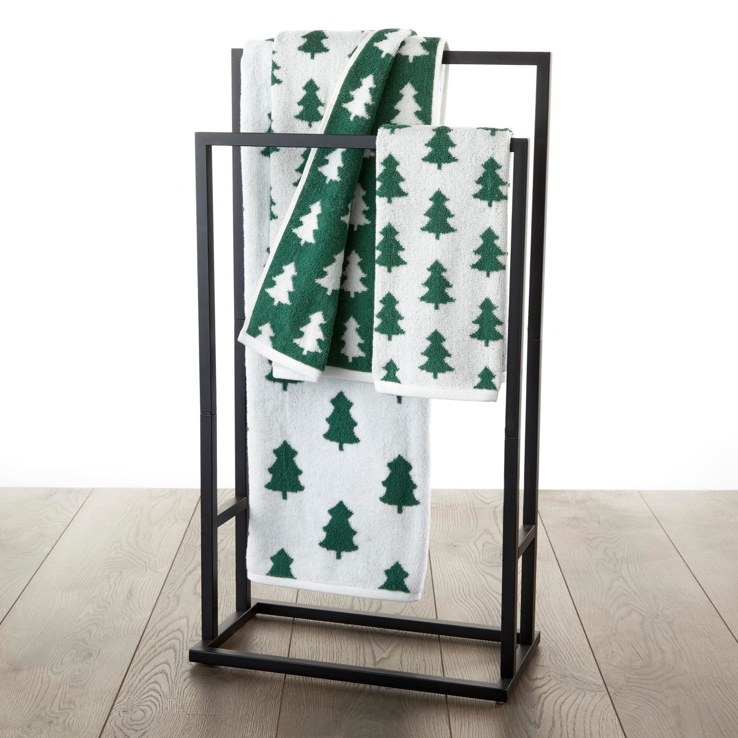 SKL Home Christmas/Winter Holiday Trees 100% Cotton Premium 2-Piece Hand Towel Set, 500 GSM, Reversible Jacquard, Soft & Absorbent, Decorative for Bath/Kitchen/Bar & Gift, Green/White