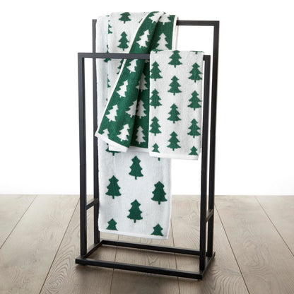 SKL Home Christmas/Winter Holiday Trees 100% Cotton Premium 2-Piece Hand Towel Set, 500 GSM, Reversible Jacquard, Soft & Absorbent, Decorative for Bath/Kitchen/Bar & Gift, Green/White