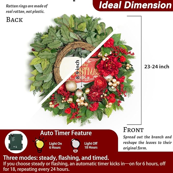 Christmas Wreaths for Front Door 24 Inch Christmas Wreath with Red Flowers, Berries, Gold Ornaments and LED Lights,Holiday Wreath for Indoor Outdoor Christmas Decorations
