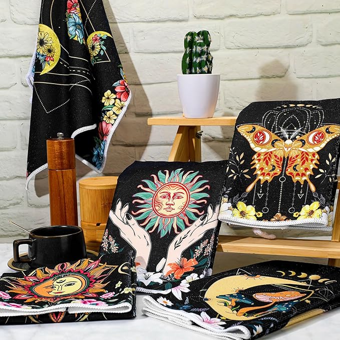Boyiee Set of 6 Witchy Kitchen Towels Boho Tea Towels Absorbent Mushroom Floral