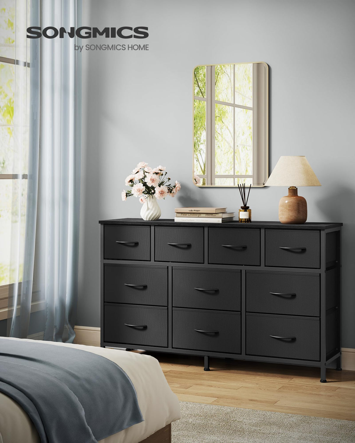SONGMICS BELLAH Collection - Dresser for Bedroom, Chest of Drawers, TV Stand for TVs Up to 55 Inches, Living Room, Closet, 10 Drawers, Modern, Ink Black ULGS333BH02S