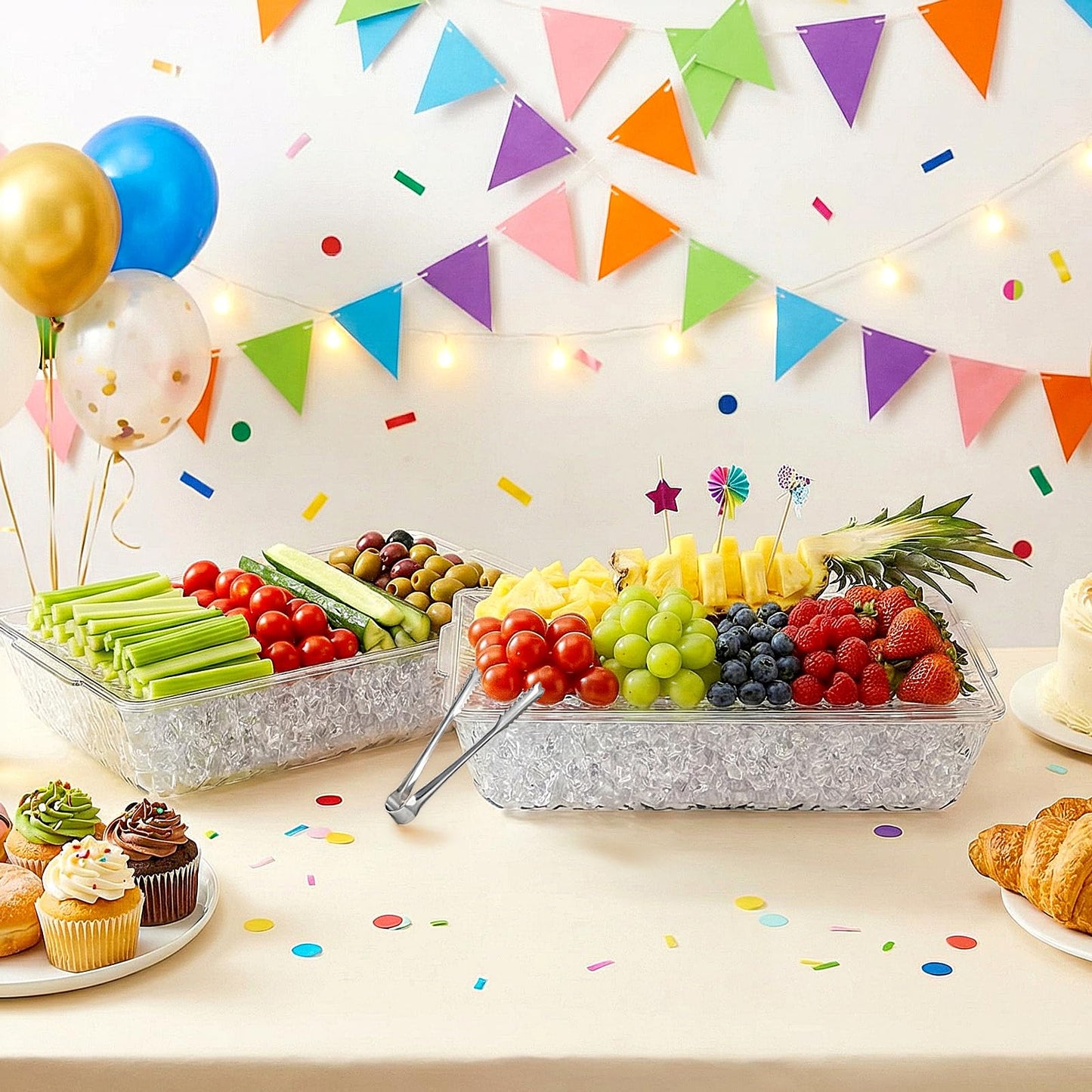 ZENFUN 2 Pack Ice Chilled Serving Tray, Plastic Chilled Party Platter for Fruit, Veggie Trays Large Removable Serving Tray for Cold Dish, Ideal for Appetizers, Seafood, Desserts, Charcuterie Board