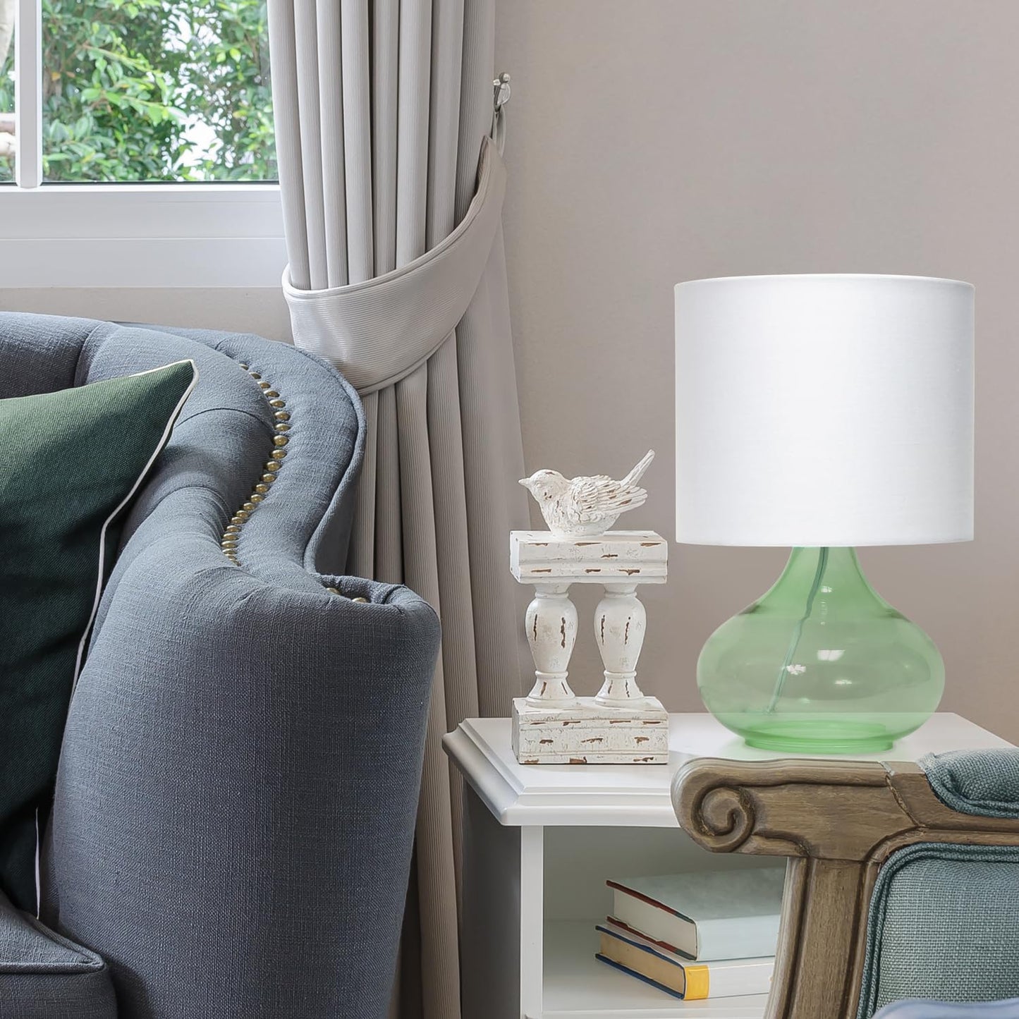 Simple Designs LT2063-GRW Glass Raindrop Table Lamp with Fabric Shade, Green with White Shade