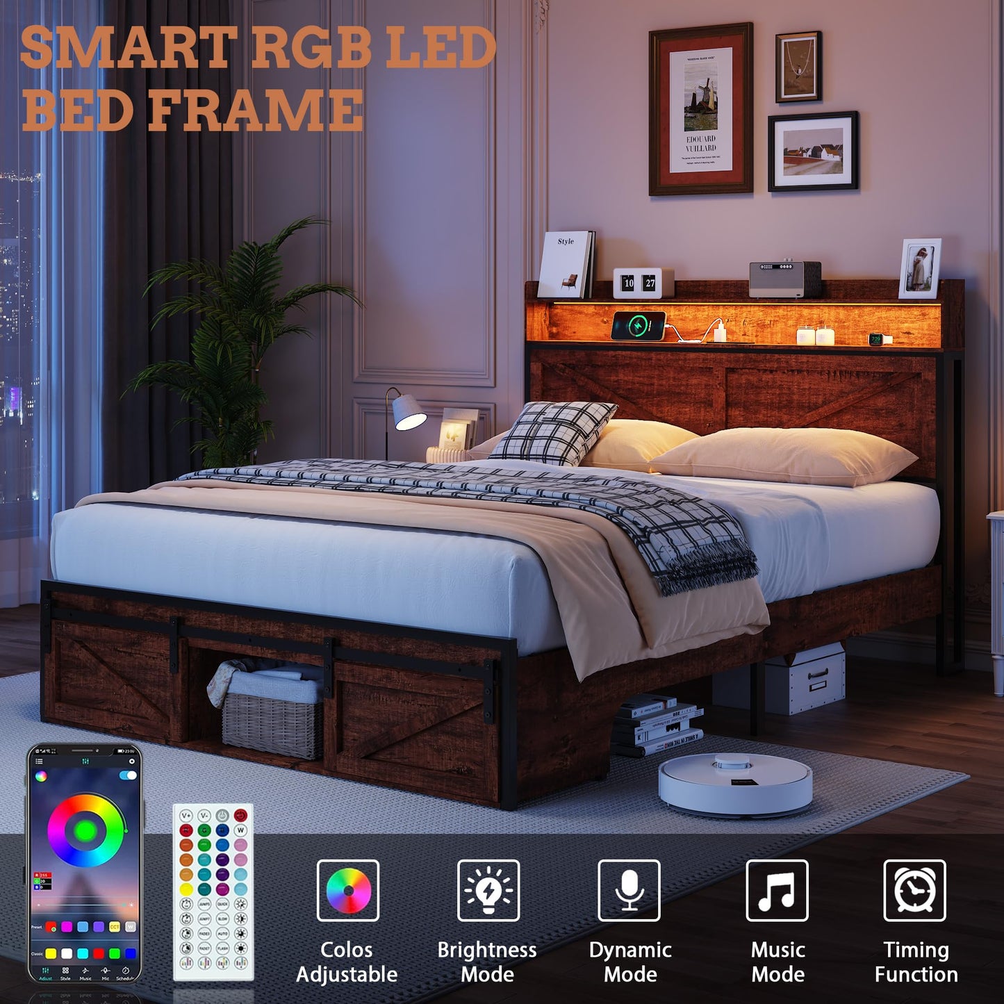 KEIKI Queen Size Bed Frame with Storage Headboard, Wood Platform Bed with Charging Station & Footboard Drawers, Sturdy Metal Slats, Noise-Free, No Box Spring Needed, Brown