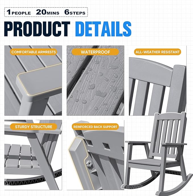 Devoko PP Material Rocking Chair Outdoor Indoor All Weather High Back Patio Rocker for Adult Heavy Duty Rocking Chair for Patio Backyard Porch Garden (Heavy Duty, Gray)