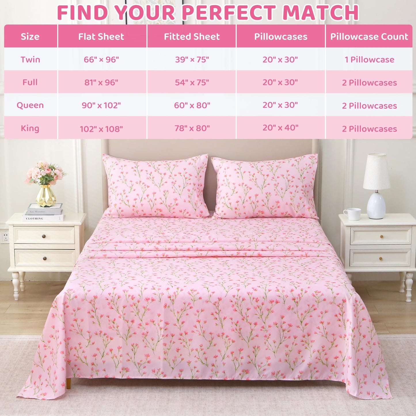 Mooreeke Cozy Floral Microfiber Printed Full Sheet Set - Soft & Breathable Pink Flowers Bed Sheets with Deep Pocket - Non-Slip Fitted Design - Pink Flowers with Green Branches Pattern - Full