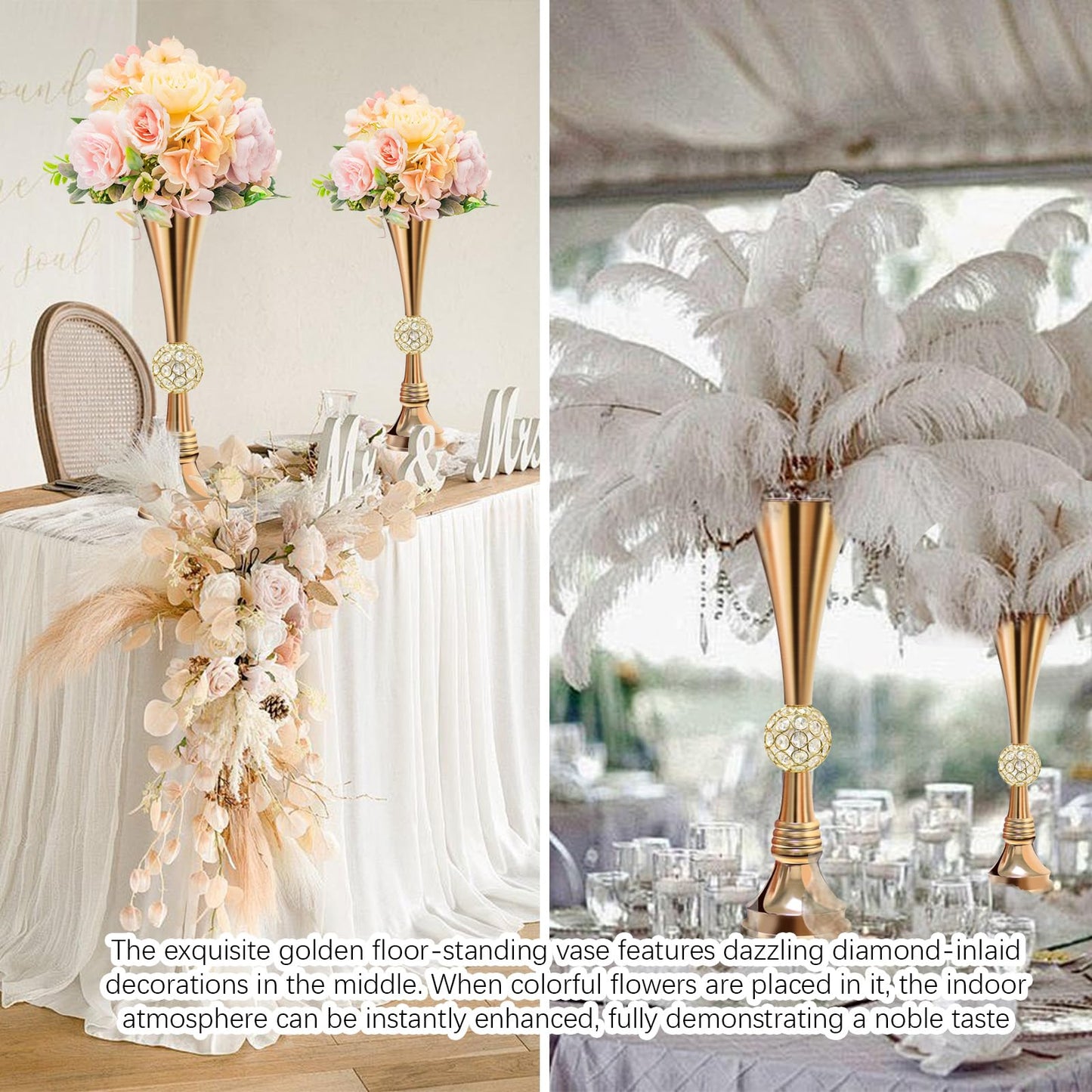 VIJIV 22" Gold Luxury Flower Vase for Wedding Centerpieces - Crystal-Embedded Tall Geometric Metal Vase for Feather, Rust-Resistant Table Decor for Gatsby Party/Reception/Hotel Floral Arrangements