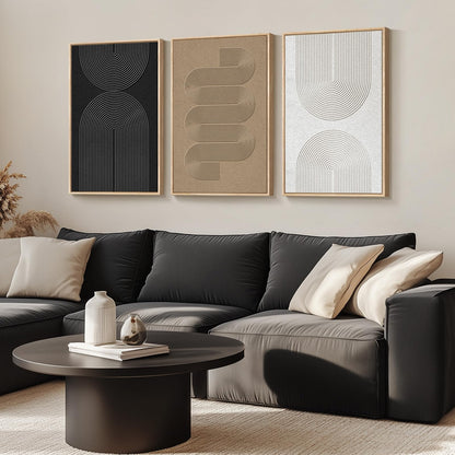 Large Framed Boho Modern Neutral Abstract Wall Art for Living Room, 3 Piece Black and White Canvas Prints Paintings Artwork for Walls, Geometric Pictures for Office Bedroom Dining Room Decor, 24x36 In