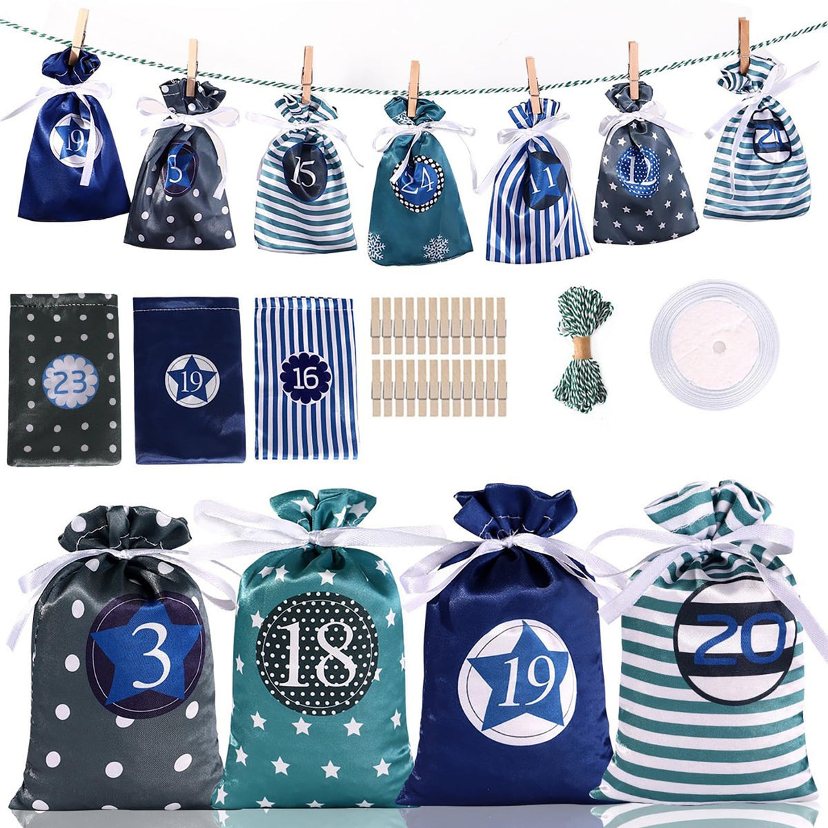 24 Pcs Christmas Drawstring Gift Wrap Bags Reusable Advent Calendar Bags Cute Xmas Candy Toys Goody Treat Bag Pocket for Holiday Weedings Birthdays Party Favor Home Storage Gift Bag