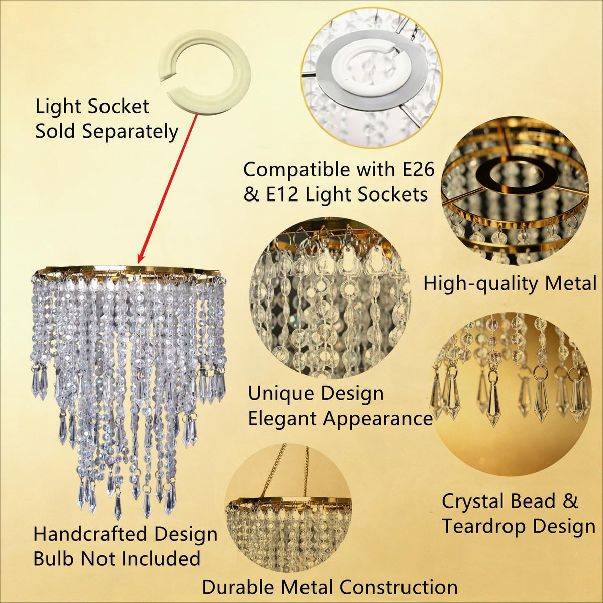 Vectolum Crystal Beaded Chandelier Shade, Gold Lamp Shade with Multi-Tiered Crystal Droplet Strands, Decorative Pendant for Home Decor, Wedding Centerpieces & Parties, 9.65 x 11.8 Inch