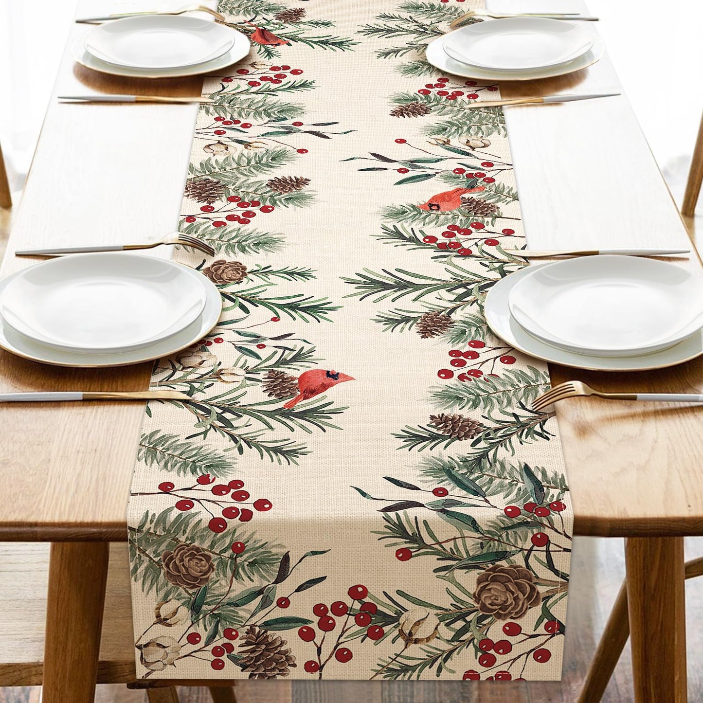 Seliem Winter Pine Needle Branches Table Runner, Pine Cone Cardinal Red Birds Berry Farmhouse Kitchen Dining Table Decor, Christmas Holiday Home Decoration Indoor Outdoor Party Supply 13 x 72 Inches