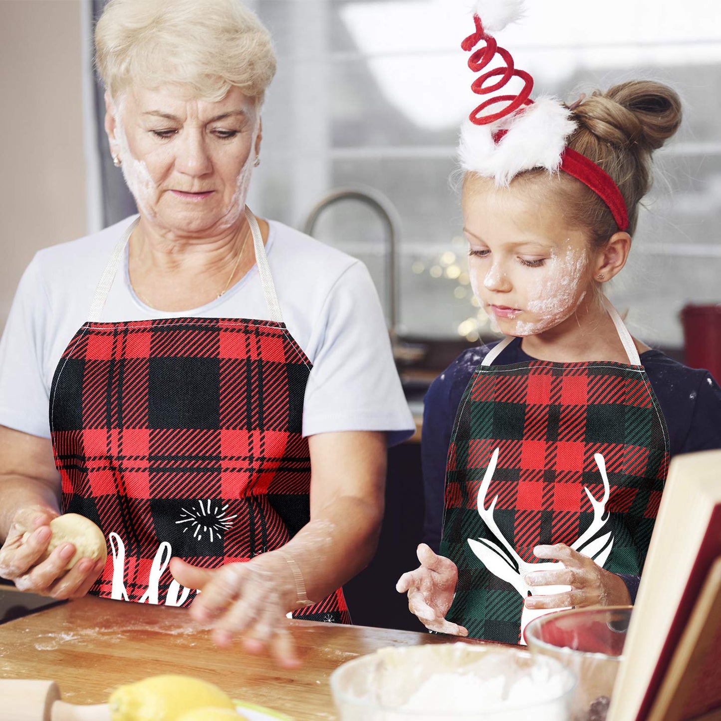 Geyoga 2 Pieces Christmas Aprons for Women Buffalo Plaid Check Adjustable Fabric Red Retro Gingham Elk Apron for Kitchen Cooking Christmas Party Gift