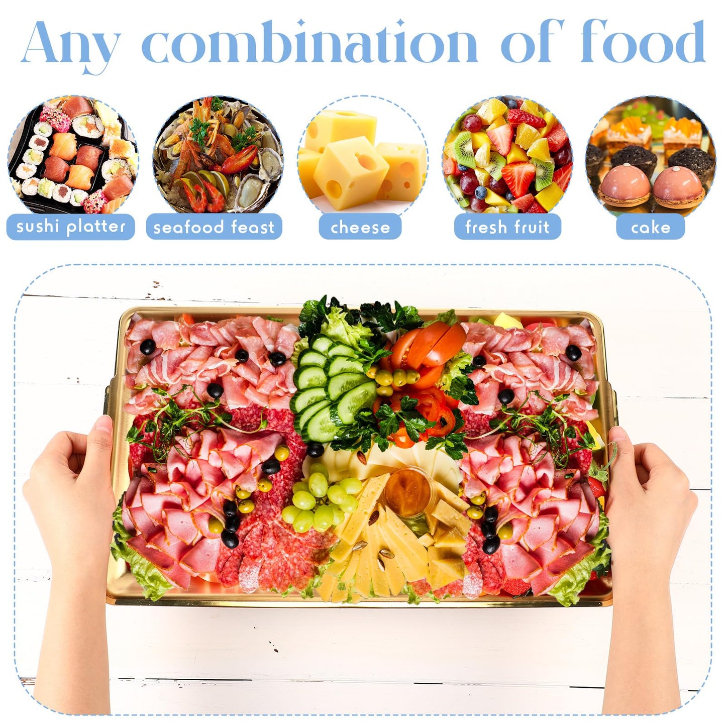 Baderke 1 Set 16" x 9'' Chilled Serving Tray for Parties with Compartments Rectangle Serving Dish Ice Charcuterie Party Platter for Shrimp Fruit Seafood Vegetable Appetizer (Gold)
