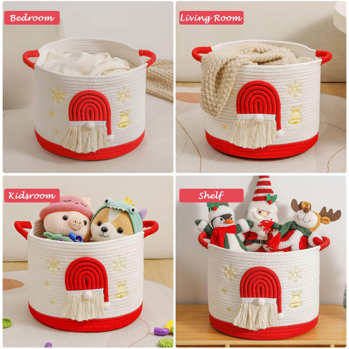 Christmas Basket Cotton Rope Blanket Storage Basket Large Christmas Buckets with Red Handle, Laundry Baskets with 3D Santa Claus Raffle Basket Holiday Baskets Empty for Gifts Decorative Winter Baskets