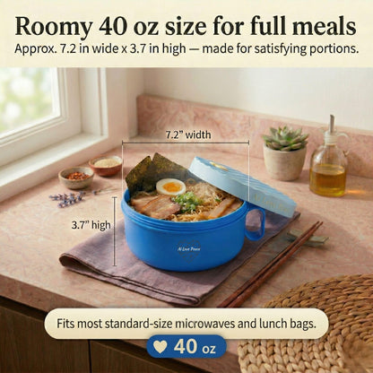 AI LOVE PEACE Ramen Bowls, 40 oz Large Microwavable Noodle Bowls (1 Blue, 1 Red) with Chopsticks, Sporks, and Utensil Bag, Portable Microwave Bowl for Home, Office, Dorm, or College Gift.