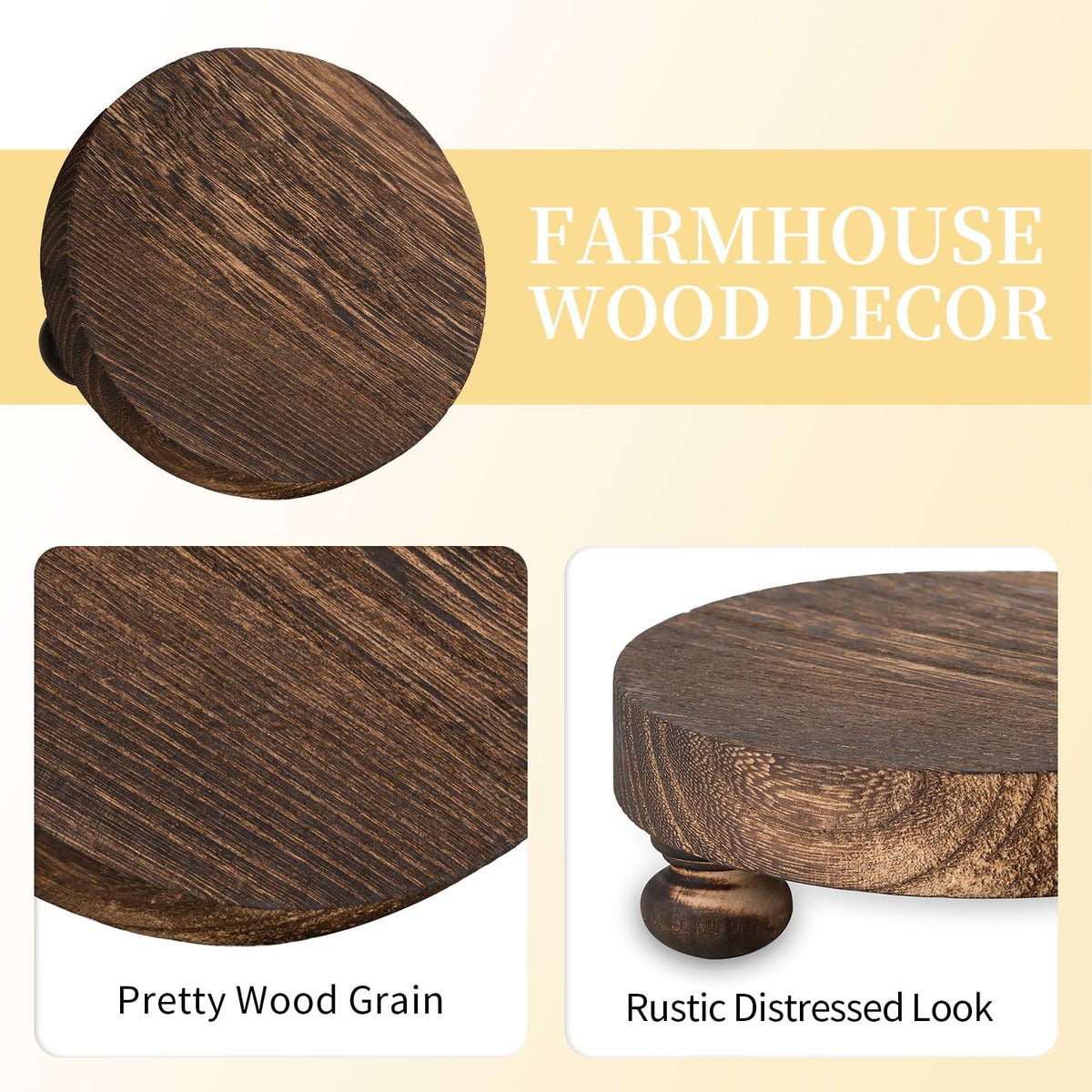 Romadedi Farmhouse Wood Riser for Display- 2 pcs Rustic Decor Mini Wooden Pedestal Decorative Round Tray for Home Table Bathroom Counter Shelf Kitchen, Brown
