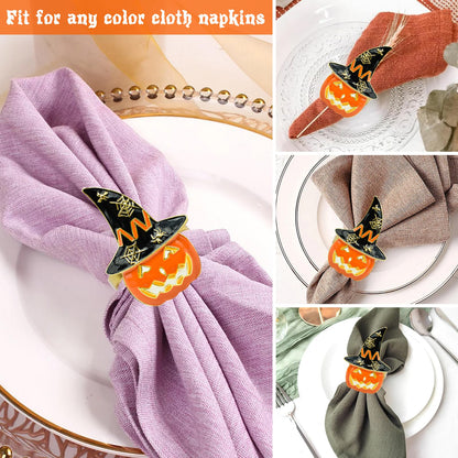 Legigo Set of 6 Halloween Napkin Rings for Dinning Table Settings- Horror Scary Orange Pumpkin Black Witch Hat Napkin Holder Ring for Holiday Party Kitchen Dinner Table Decarations