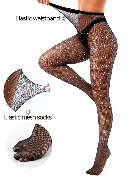 VEBZIN Black Sparkly Fishnet Stockings for Women Tights Rhinestone Diamond Fishnets Leggings High Waist Stockings