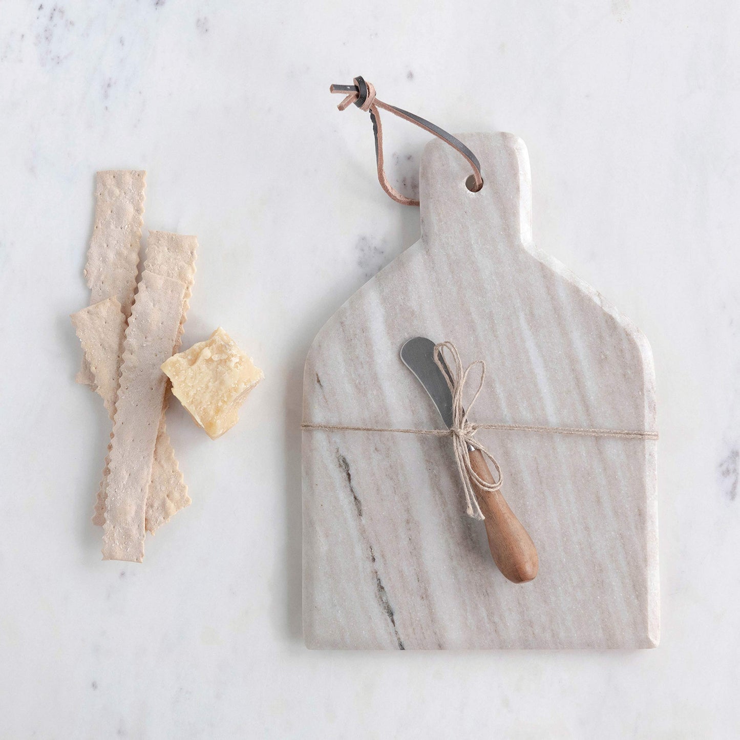 Creative Co-Op Marble Cheese and Cutting Board with Handle, Leather Tie and Canape Knife, Buff, Set of 2
