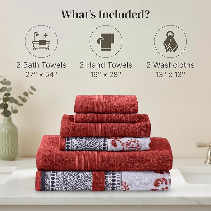Modern Threads Ophelia 6-Piece 100% Cotton Towel Set – Reversible Yarn Dyed