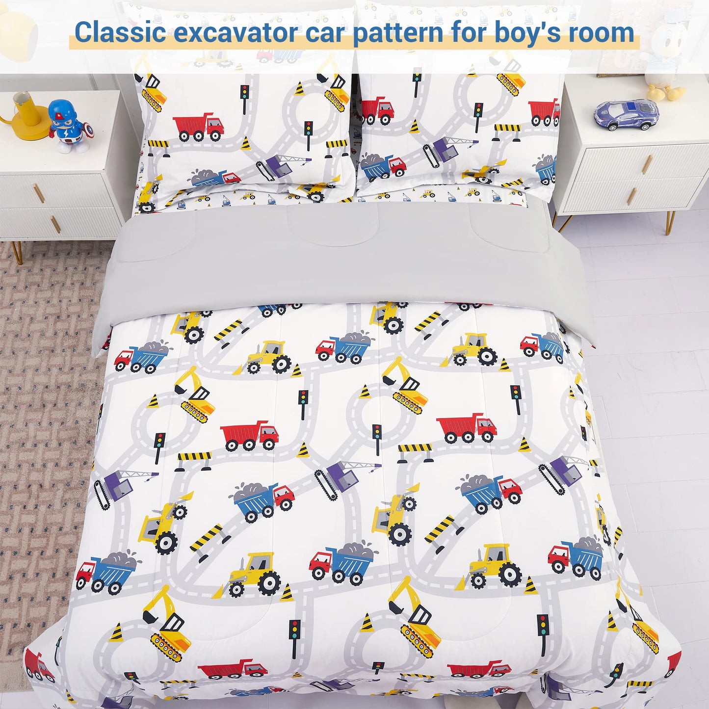Viviland Kids Twin Bedding Sets for Boys, Girls Soft Twin Comforter Set with Sheets, 5 Pieces Microfiber Bed in a Bag, White Car Excavator