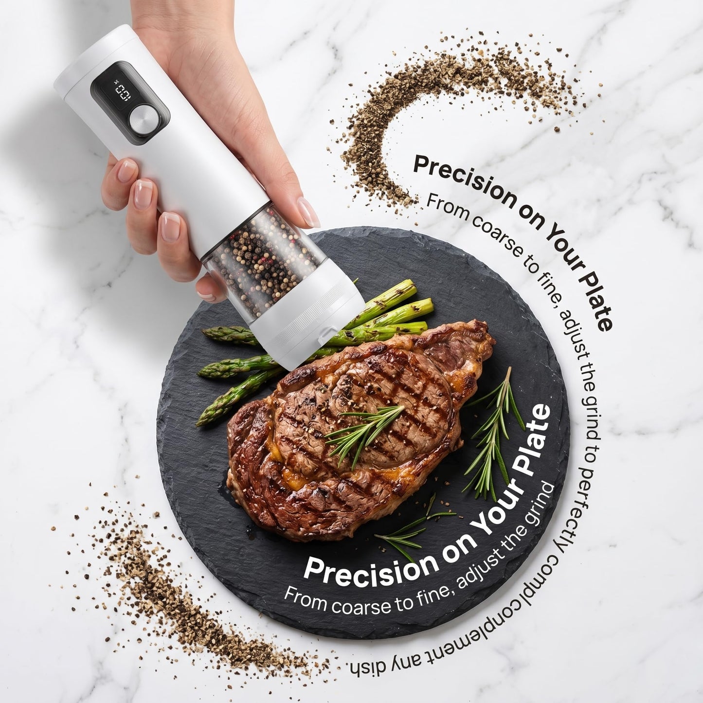 Electric Salt and Pepper Grinder Set, Rechargeable Automatic Pepper Mill with Base,Display, LED Lighting, Large Capacity-Ideal for Kitchen, BBQ Gifts (2, White(27C))