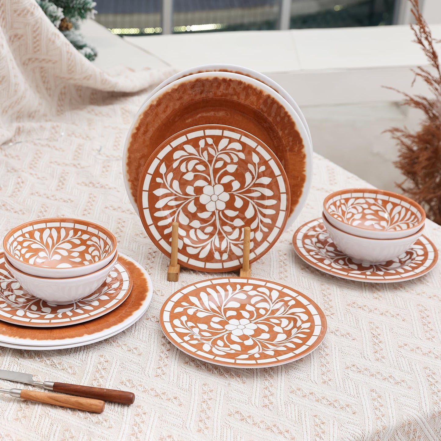 Yinshine Melamine Plates and Bowls Set, 12-Piece Melamine Dinnerware Set, Dinner Serving Dishes Set for 4, Unbreakable, Brown-Yellow