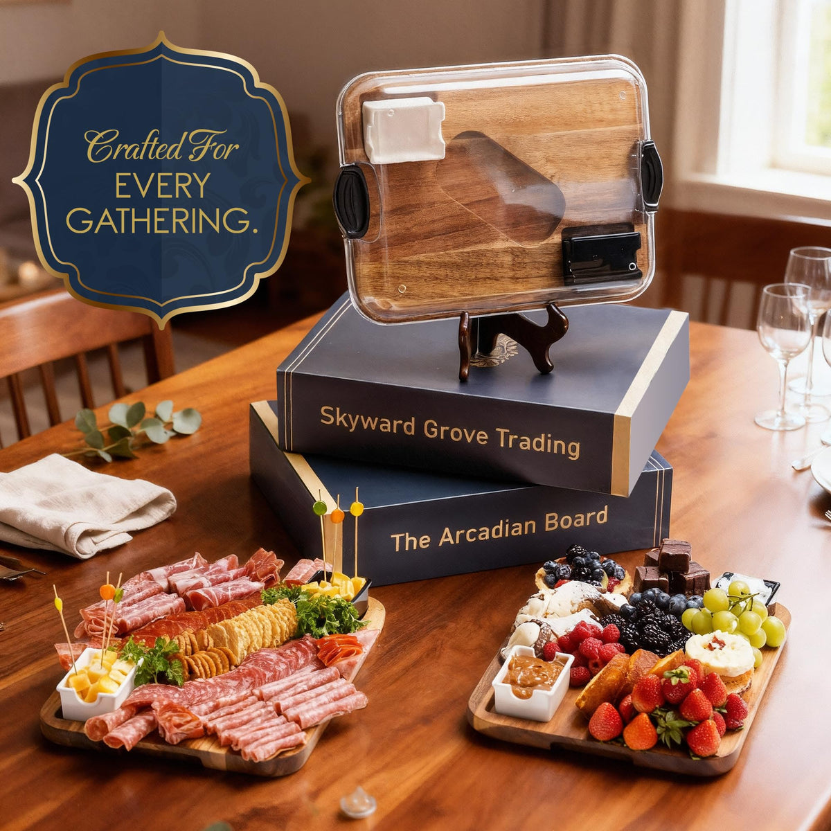 Covered Charcuterie Board with Locking Acrylic Lid, 15" x 11" Acacia Wood Serving Tray, 2 Dipping Containers, Gift Box Included