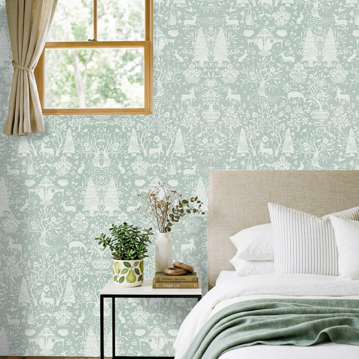 WENMER Forest Animal Wallpaper, 17.7" x 590" Green and White Contact Paper, Woodland Peel and Stick Wallpaper with Deer Rabbit Fox, Self Adhesive Removable Wall Paper for Living Room Bedroom Nursery