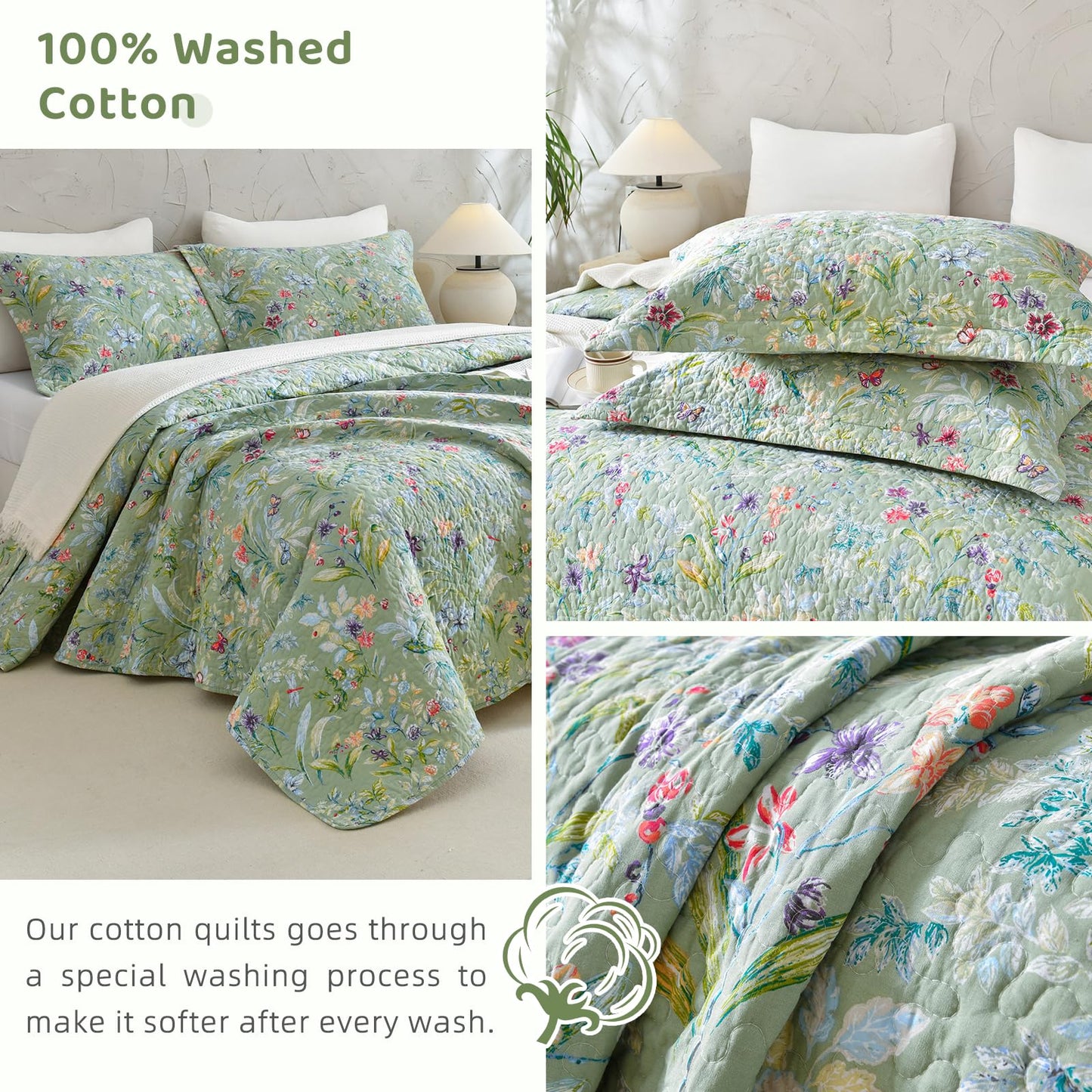 Sanracie Cotton Quilt Queen Size(90"x98")-Green Floral Quilted Bedspreads Set,3pcs Green Flower Bird Butterfly Print Botanical Quilt Bedding Coverlet Summer Soft Lightweight Aesthetic Bedding