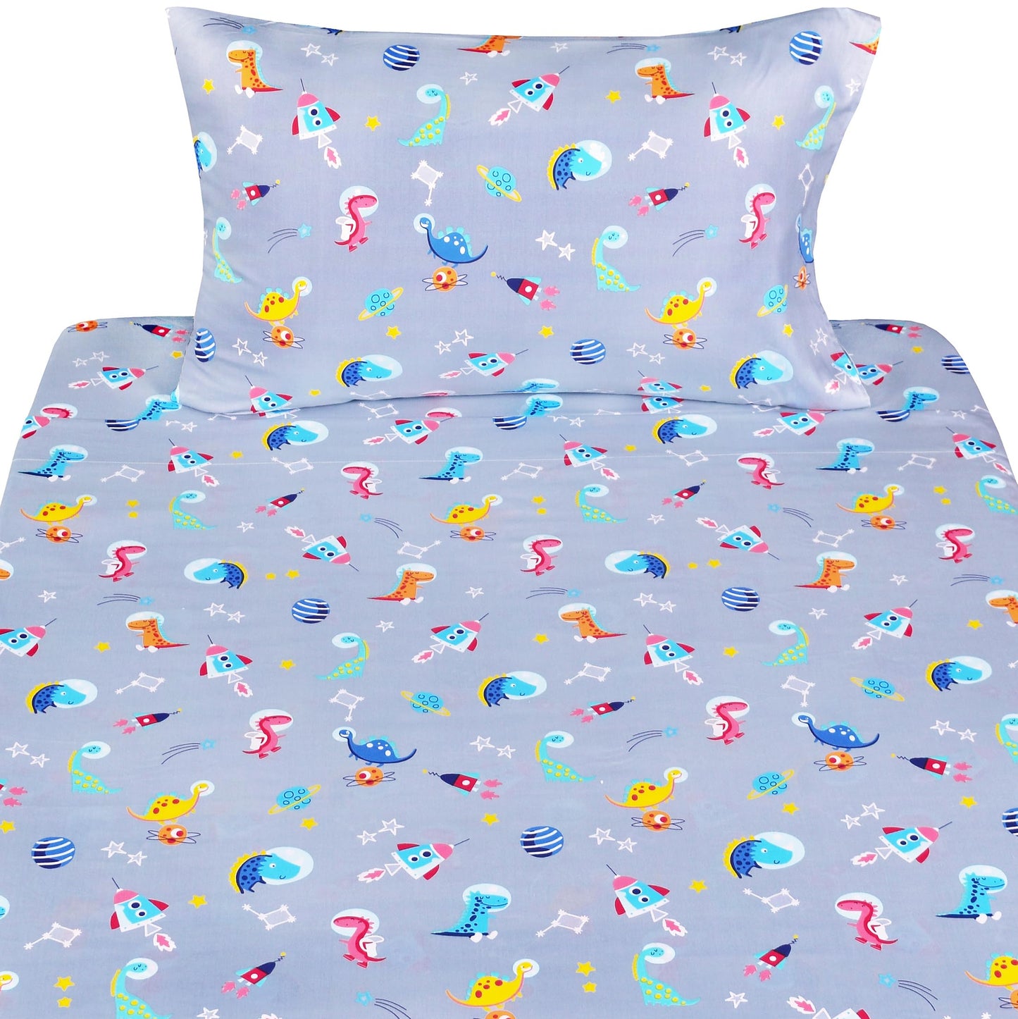 J-pinno Dinosaur Interstellar Exploration Universe Space Cute Adorable Twin Sheet Set for Kids Girls Boys Children,100% Cotton, Flat Sheet + Fitted Sheet + Pillowcase Bedding Decoration Gift Set