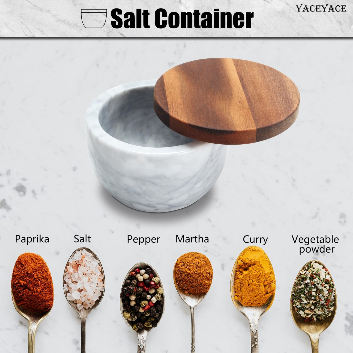 YACEYACE White Modern Marble Salt Bowl, 4oz Small Salt Cellar with Acacia Wood Lid, Elegant White Salt Spice Seasoning Bowl, Container Jar Holder