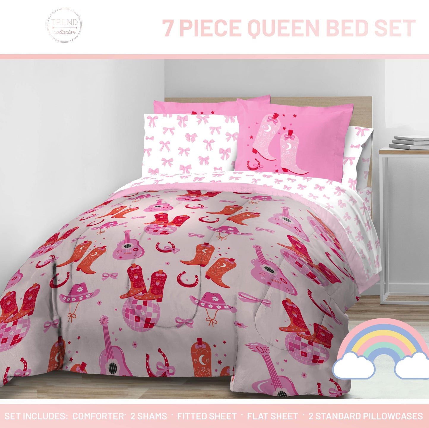 Jay Franco Kids Bed Set, Pink, Cowgirl Boots & Bows, 7 Piece Queen