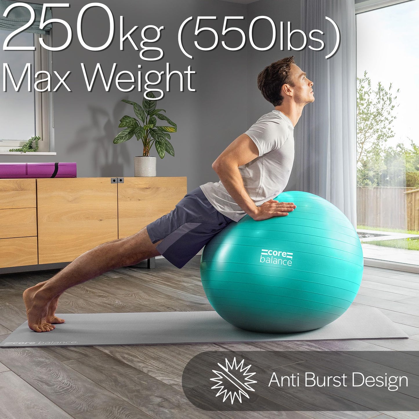 Core Balance Anti Burst Gym Ball, 45-85cm With Hand Pump (65cm, Teal)