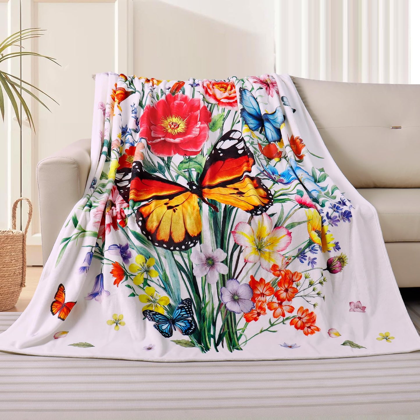 Floral Blanket Ultra Soft Butterfly Flowers Throw Blankets Wildflower Leaves Flannel Fleece Throw Watercolor Warm Cozy Fuzzy Plus Gift Cabin Blanket for Bed Sofa,60" X 80"
