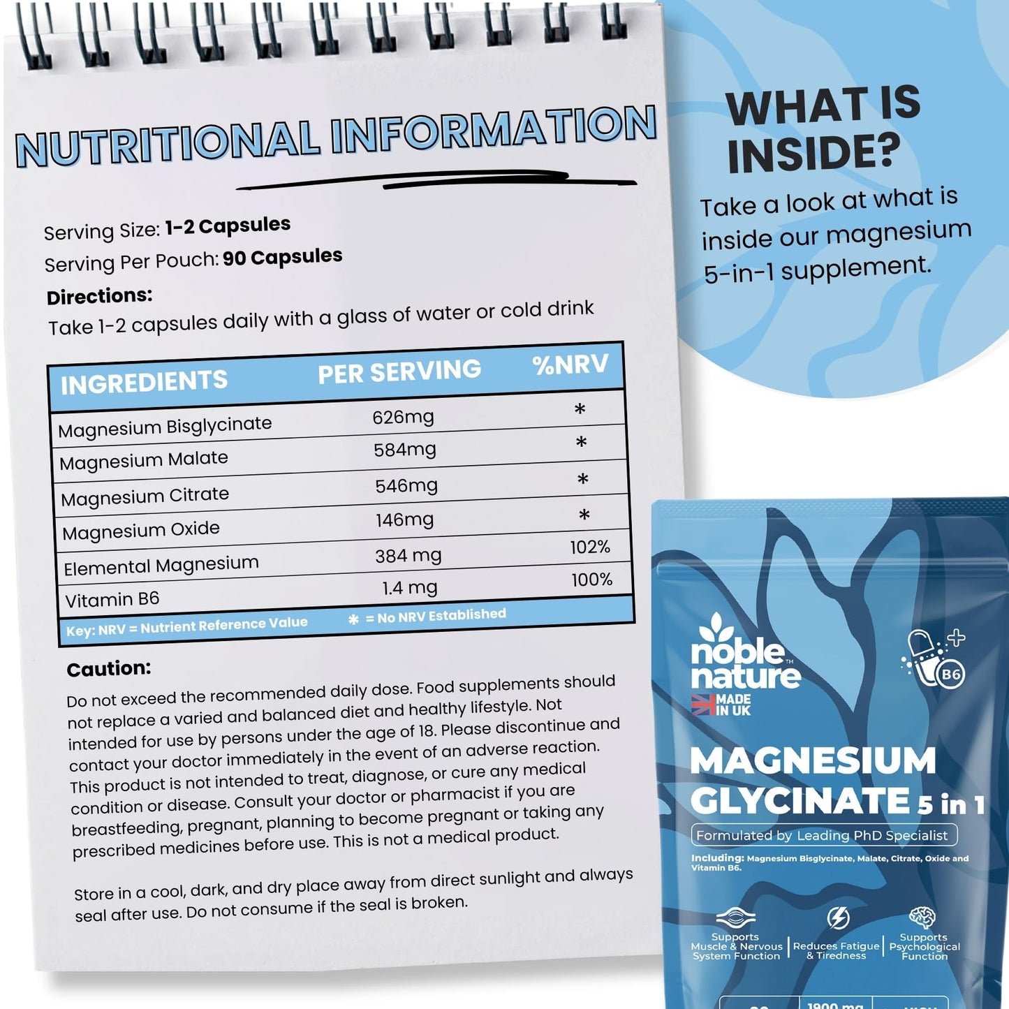 Magnesium Glycinate 5-in-1 Complex Formulated by PhD Expert High Strength 1900mg Supplements as Bisglycinate, Malate, Citrate, Oxide & Vitamin B6-90 GMO Free Capsules, 384mg Elemental, UK Made (90)