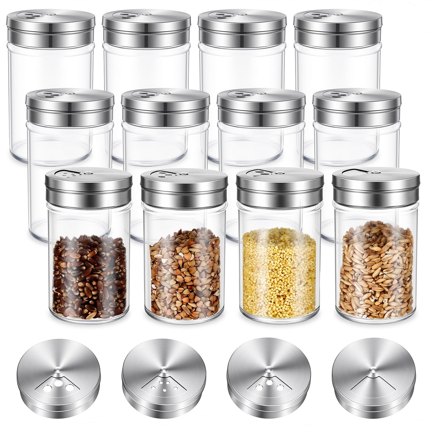 MAQUITA 12 Pcs Glass Salt Shaker with Lid & Seasoning Shakers Set, Adjustable Pour Holes Stainless Steel Spice Dispensers for Kitchen, Restaurant, BBQ, Dining Table, Farmhouse (6 Oz)
