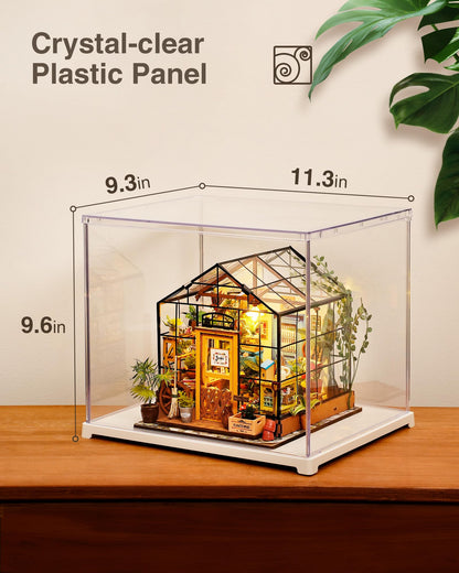 Rolife Acrylic Display Case Dust Cover for Collectibles, Stackable Showcase Dustproof Protection with White Base with Door for Shoes,Books,Toys,Collectibles Memorabilia Figurines(11.3''x9.6''x9.3'')