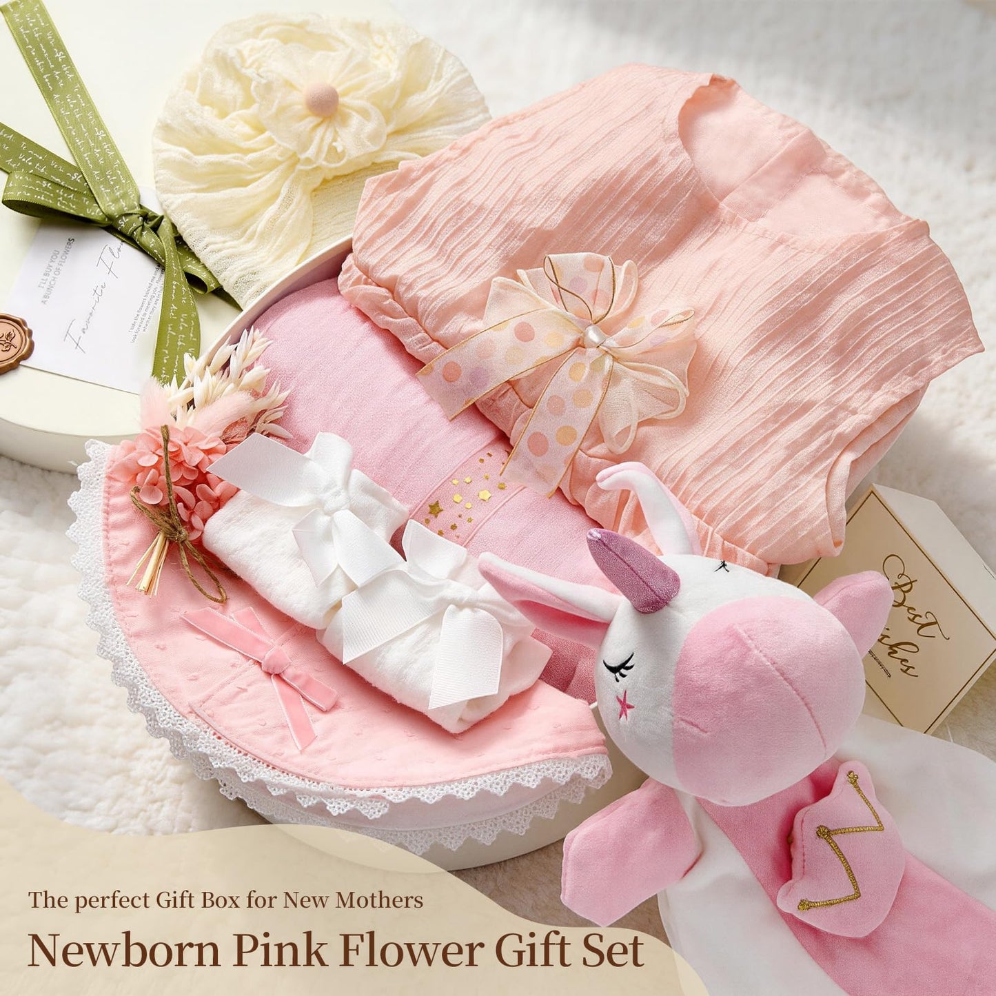 TUZT Newborn Baby Girl Gift Set, 9PCS Baby Shower Gift Box with Onesie Blanket Hand Puppet Milestone Card, New Born Essentials Birthday Present Hospital Homecoming Photography Outfit for Girls
