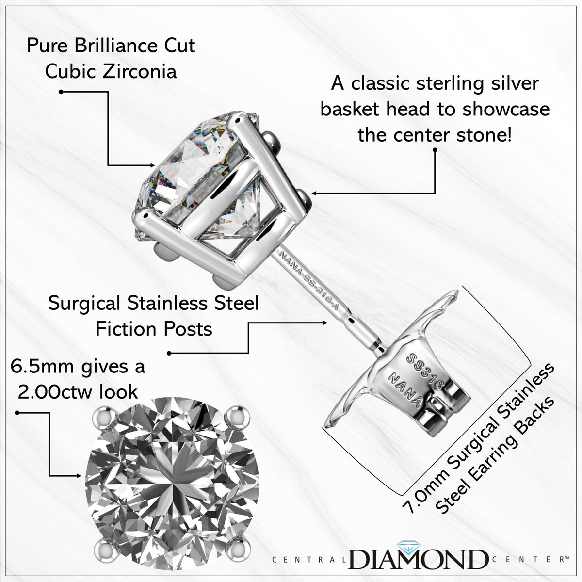 Central Diamond Center Round Simulated Diamond Stud Earrings Hypoallergenic Metal & Sterling Silver CZ - 6.50mm (2.00cttw) Rose